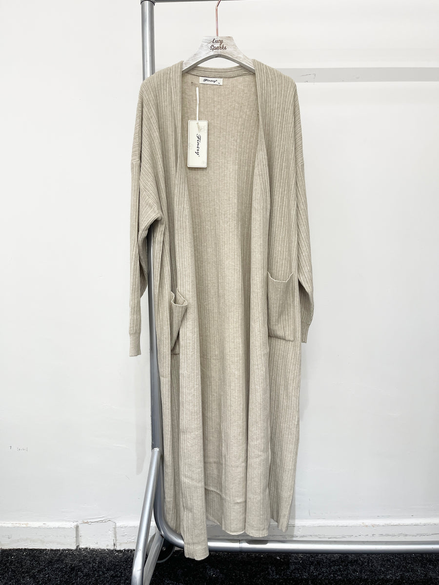 Vertically Ribbed Long Knitted Cardigan With Pockets