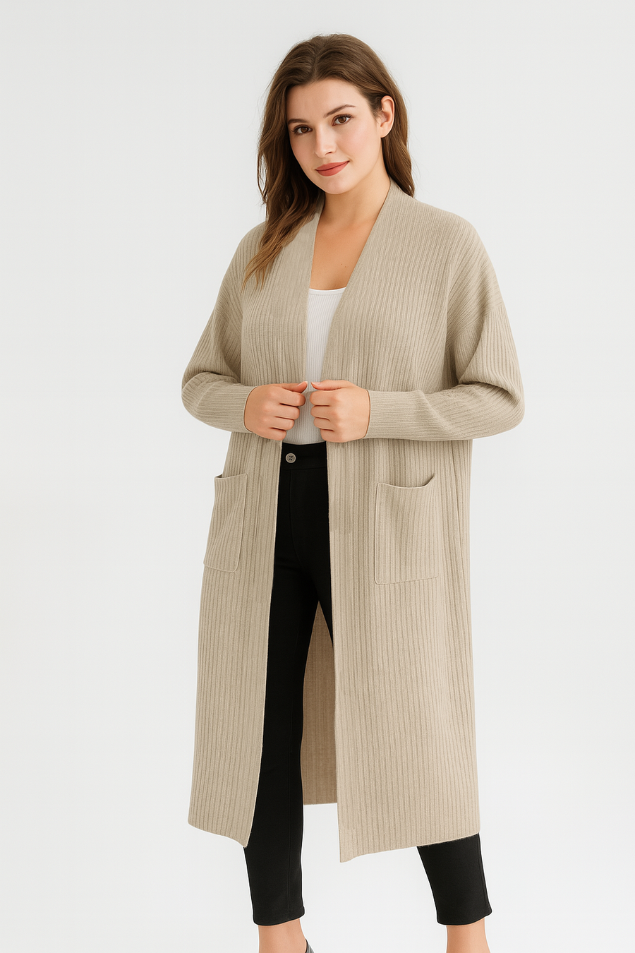 Vertically Ribbed Long Knitted Cardigan With Pockets