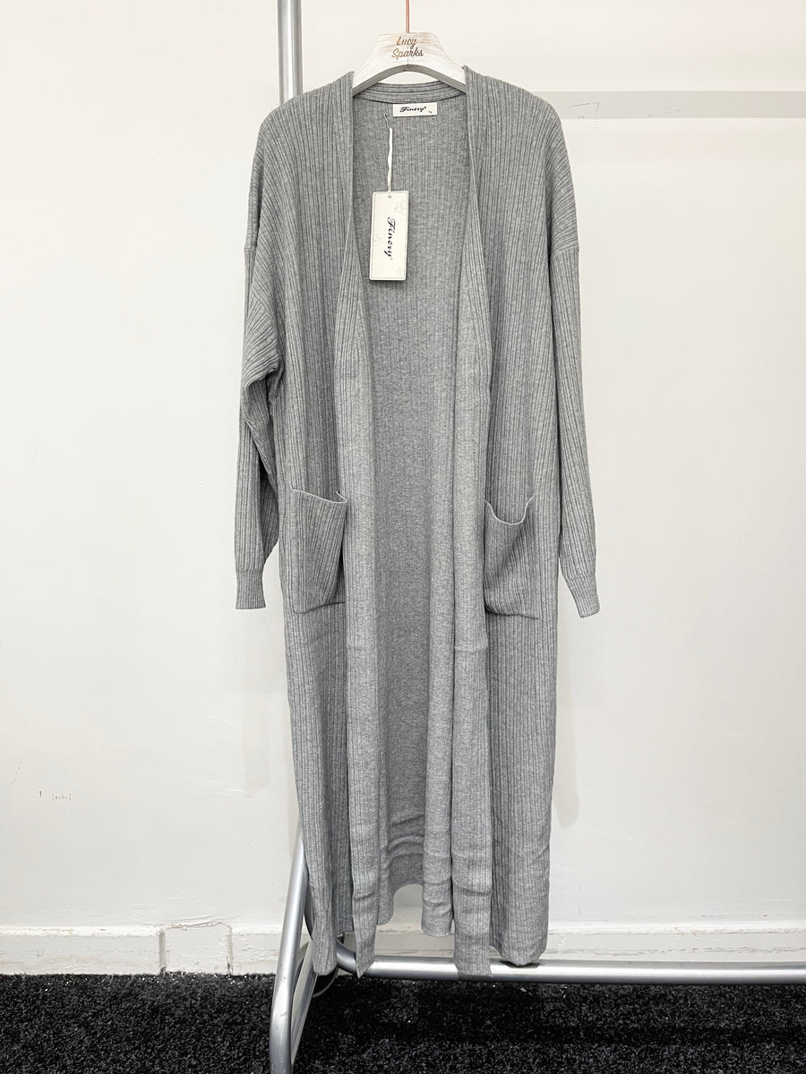 Vertically Ribbed Long Knitted Cardigan With Pockets