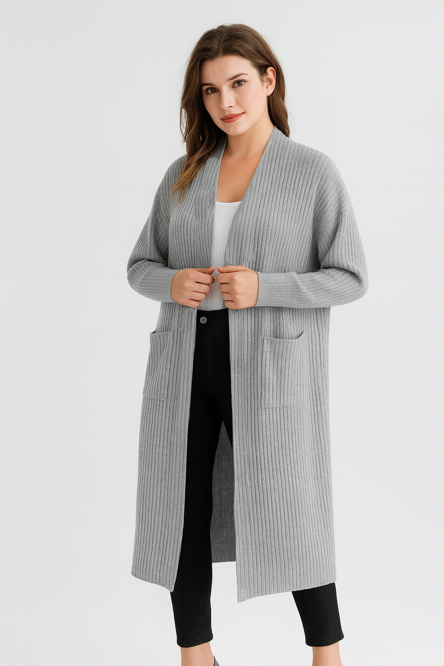 Vertically Ribbed Long Knitted Cardigan With Pockets