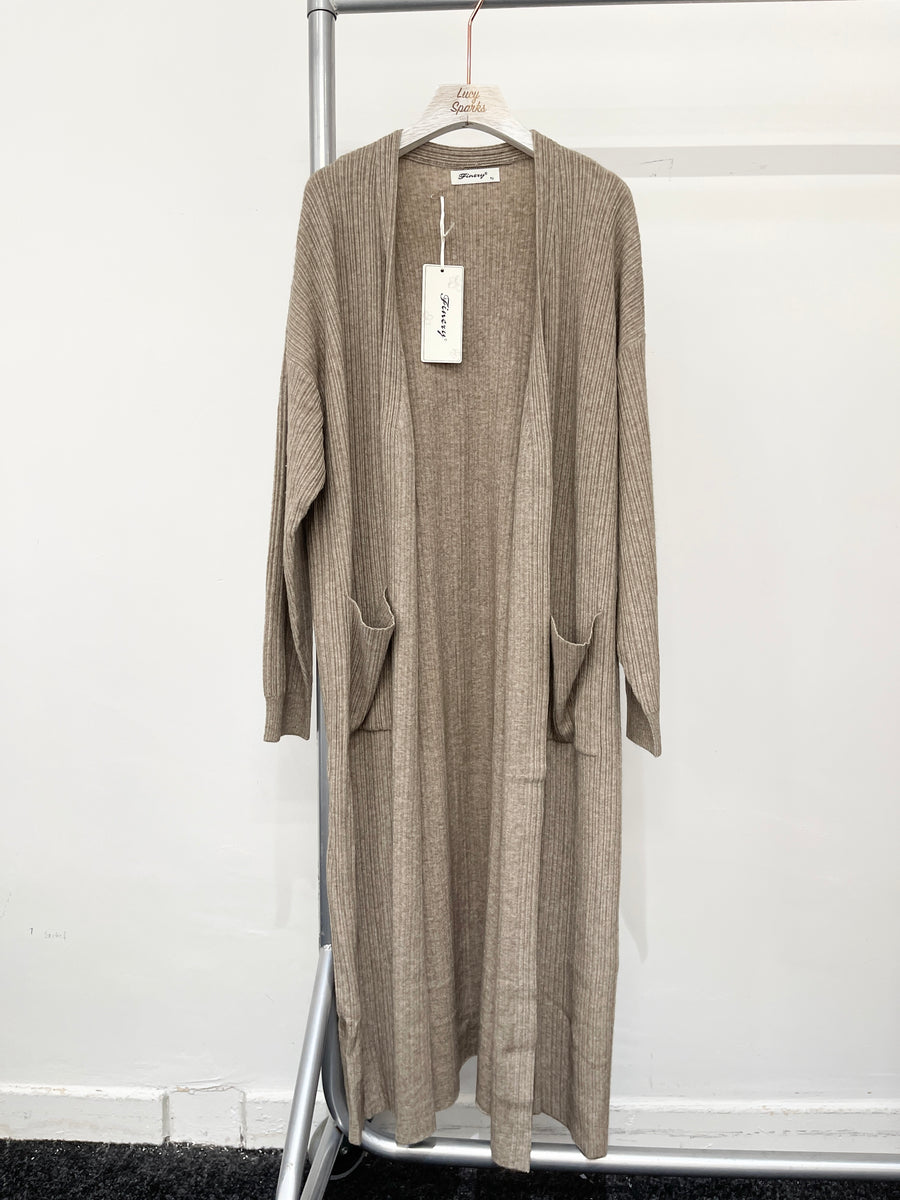 Vertically Ribbed Long Knitted Cardigan With Pockets