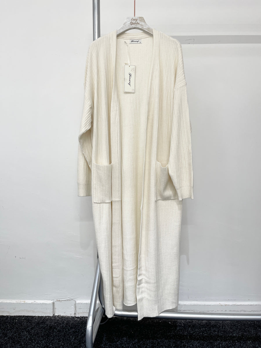 Vertically Ribbed Long Knitted Cardigan With Pockets