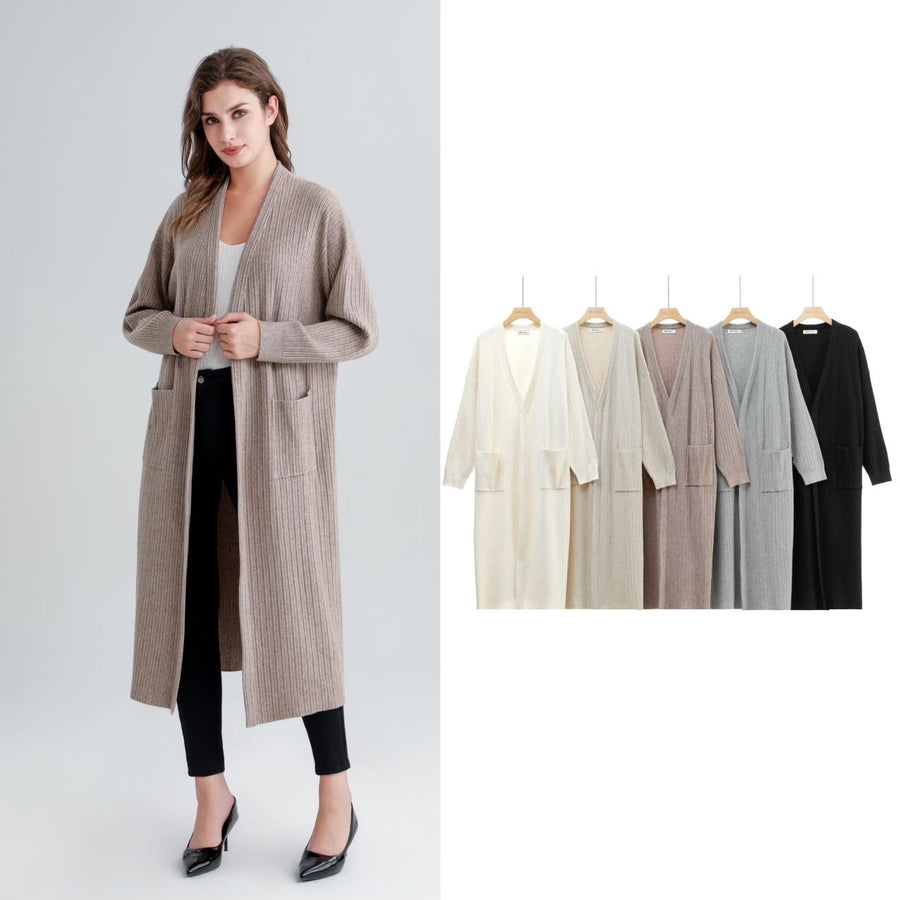 Vertically Ribbed Long Knitted Cardigan With Pockets