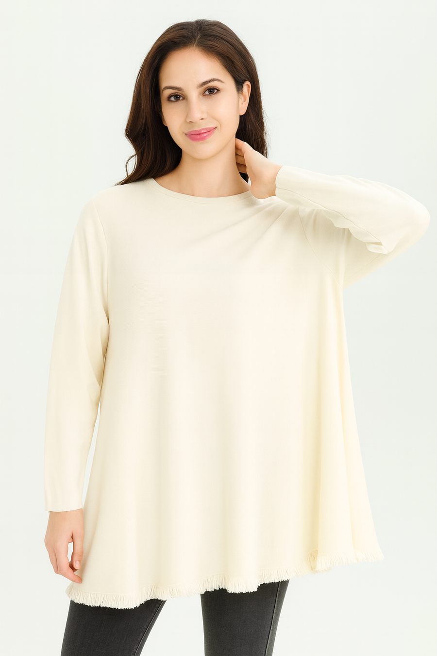 SOFT KNIT FLARED JUMPER WITH FRAYED HEM