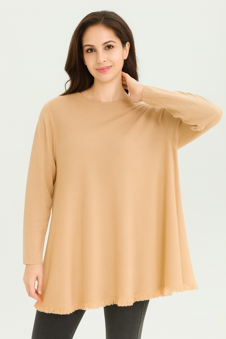 SOFT KNIT FLARED JUMPER WITH FRAYED HEM