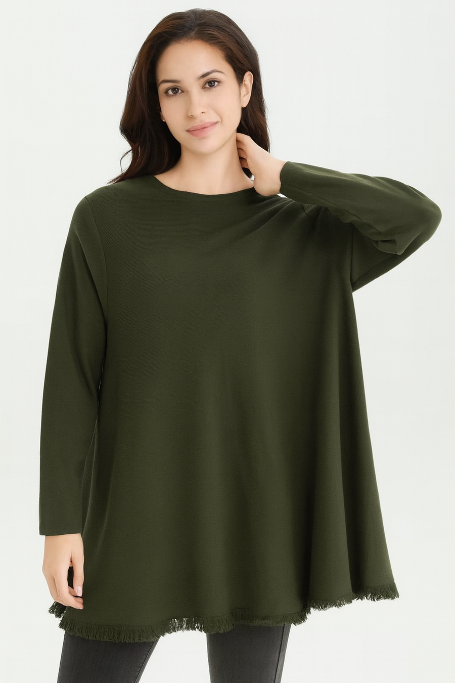 SOFT KNIT FLARED JUMPER WITH FRAYED HEM