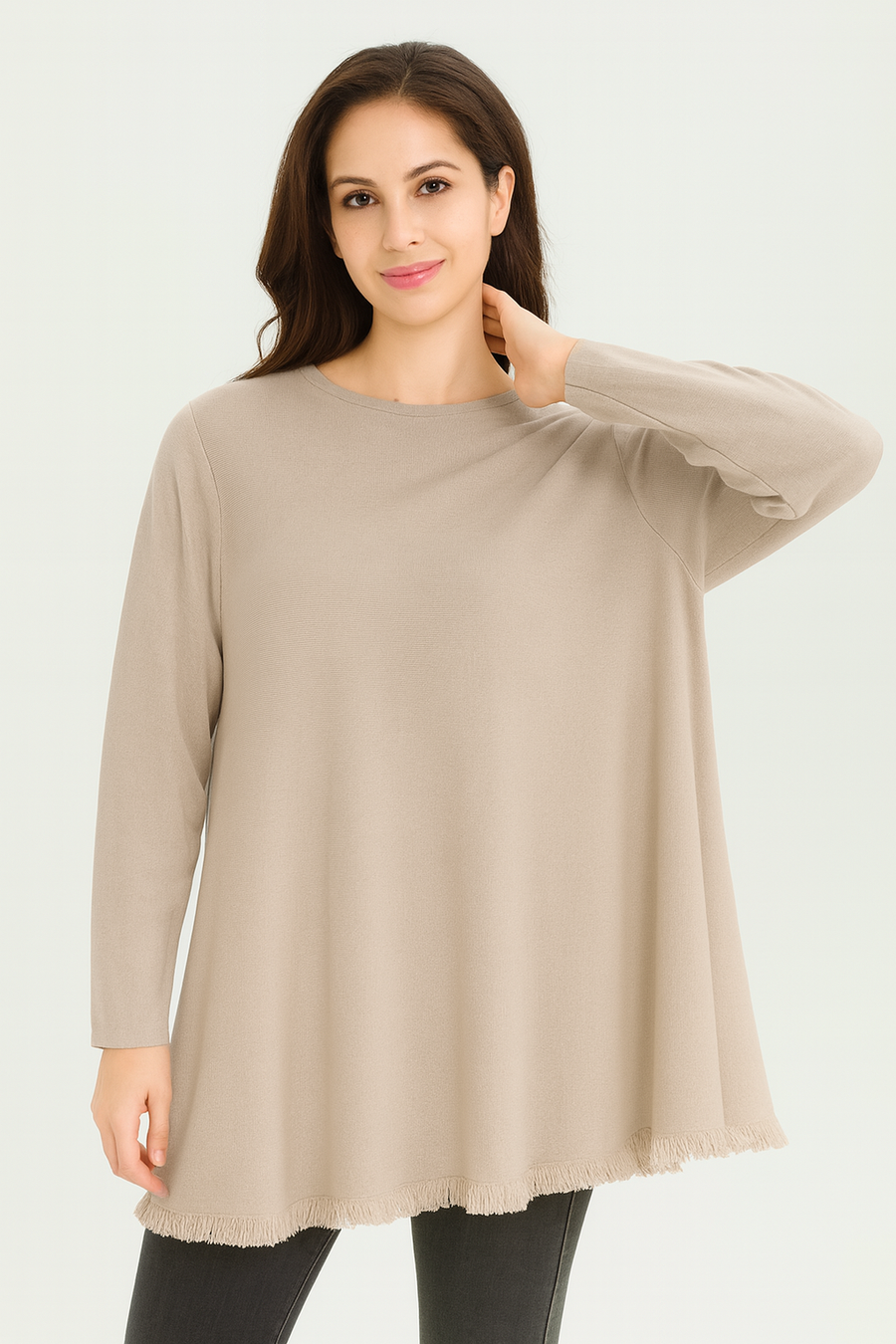 SOFT KNIT FLARED JUMPER WITH FRAYED HEM