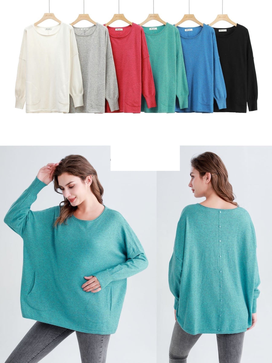 Soft Knit Plus Size Jumper With Pockets On Front And Decorative Buttons Along The Back