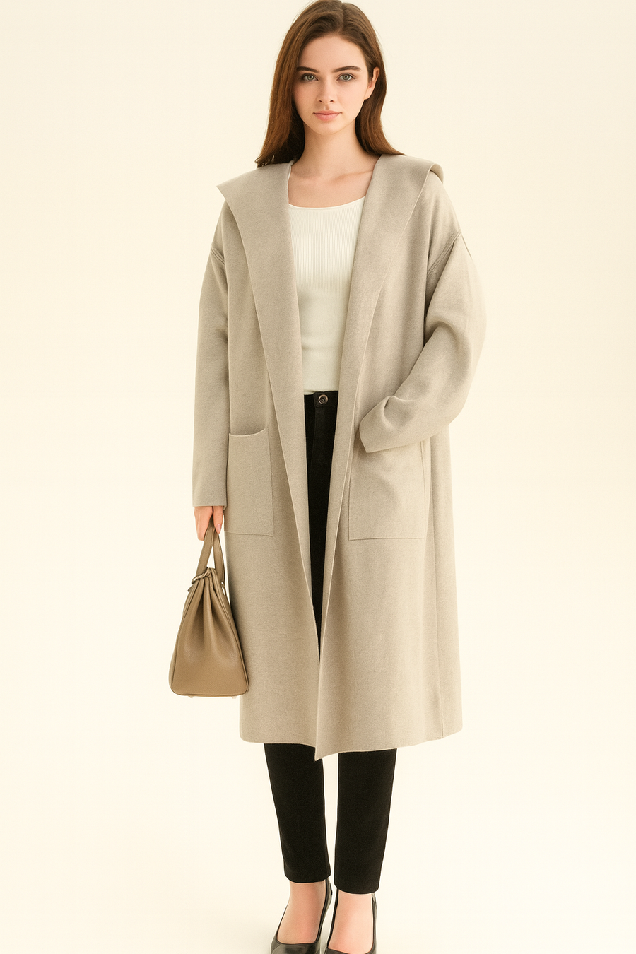 HEAVY KNIT HOODED COATIGAN WITH POCKETS