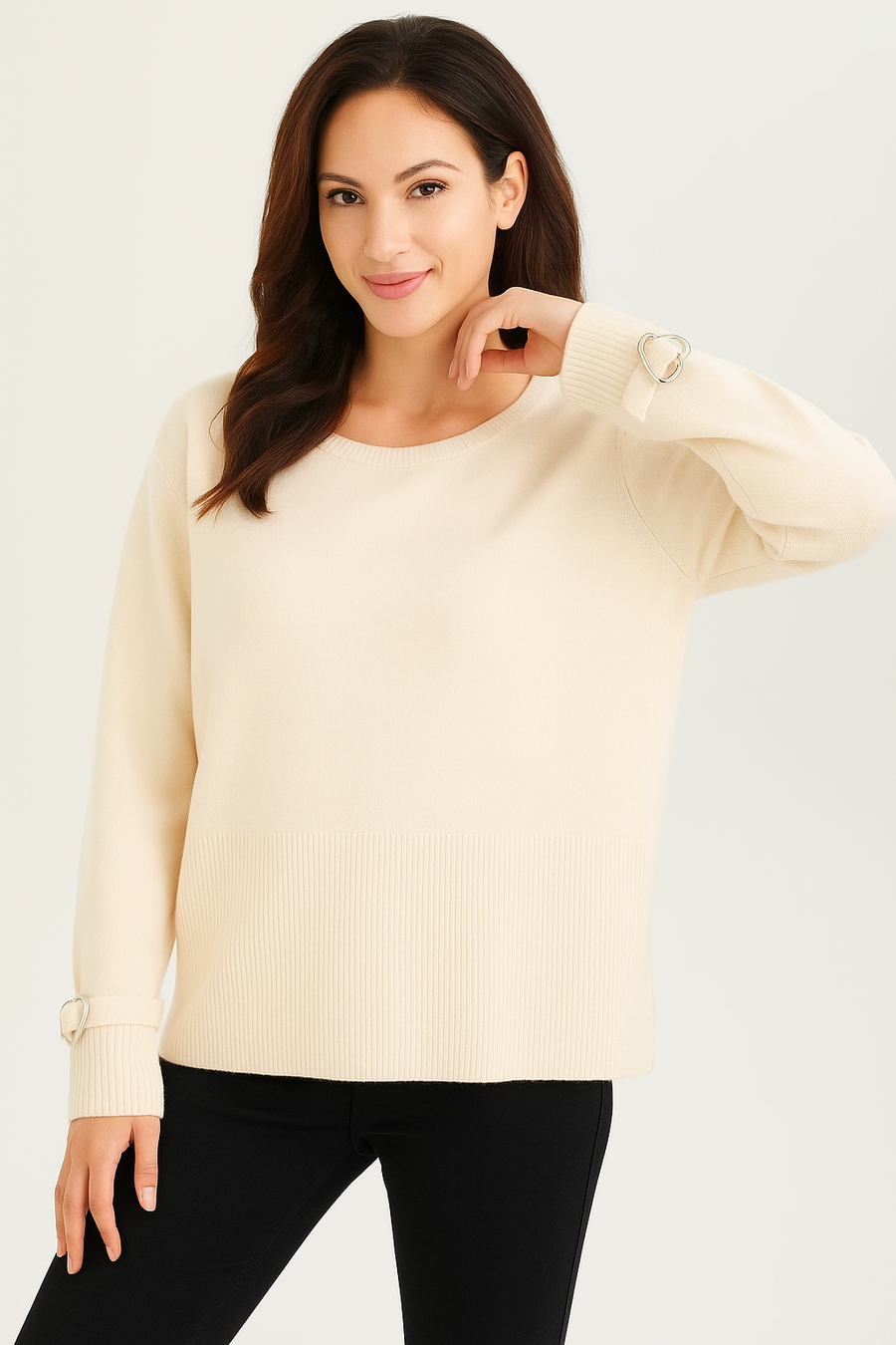 KNITTED JUMPER WITH HEART SHAPED BUCKLE AND BELT STRAP ON CUFFS