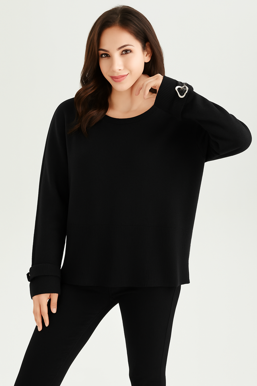 KNITTED JUMPER WITH HEART SHAPED BUCKLE AND BELT STRAP ON CUFFS