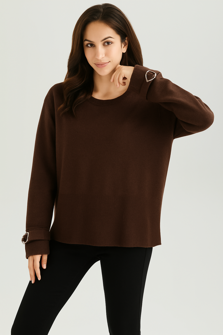 KNITTED JUMPER WITH HEART SHAPED BUCKLE AND BELT STRAP ON CUFFS