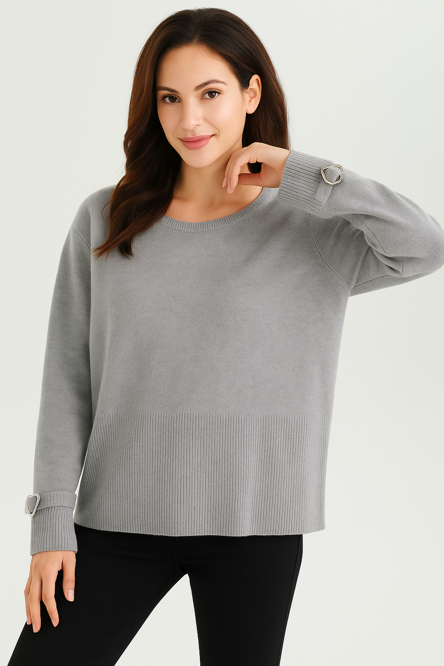 KNITTED JUMPER WITH HEART SHAPED BUCKLE AND BELT STRAP ON CUFFS