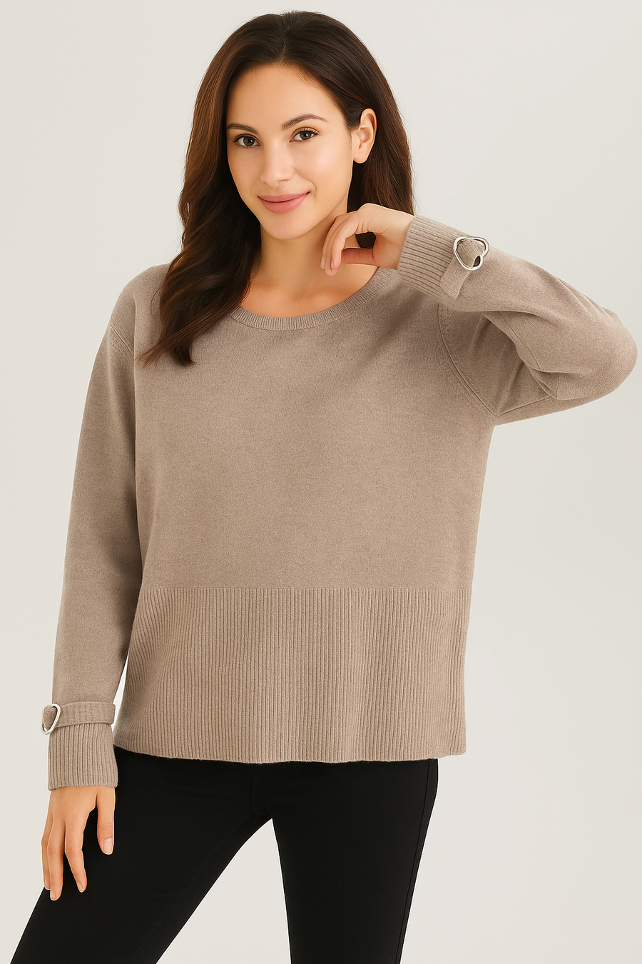 KNITTED JUMPER WITH HEART SHAPED BUCKLE AND BELT STRAP ON CUFFS