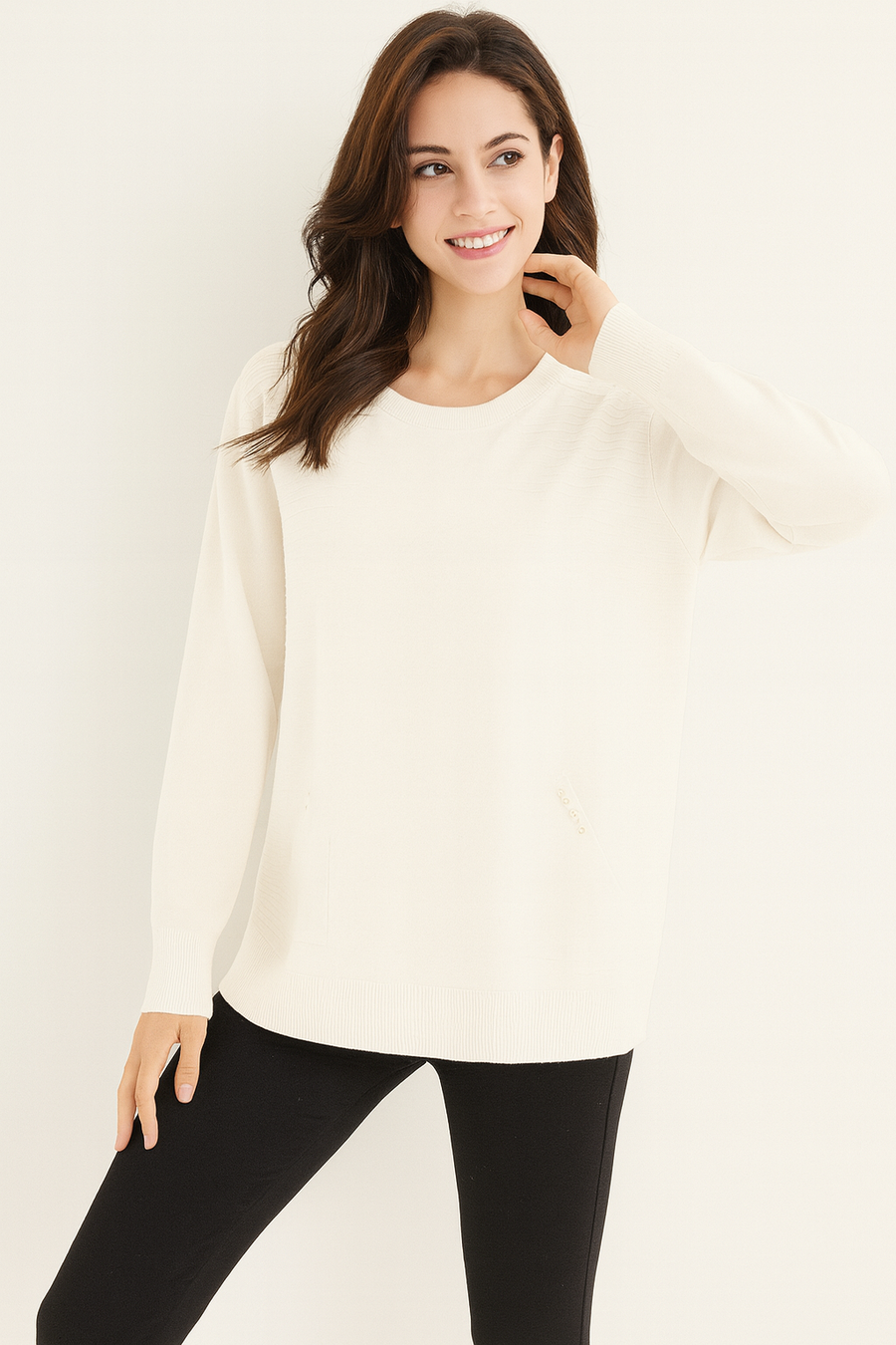 SOFT KNIT JUMPER WITH POCKETS, DECORATIVE BUTTONS AND EMBOSSED LINES DESIGN