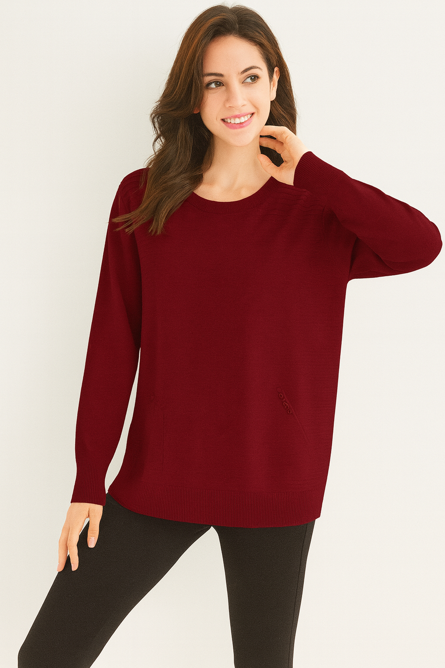 SOFT KNIT JUMPER WITH POCKETS, DECORATIVE BUTTONS AND EMBOSSED LINES DESIGN