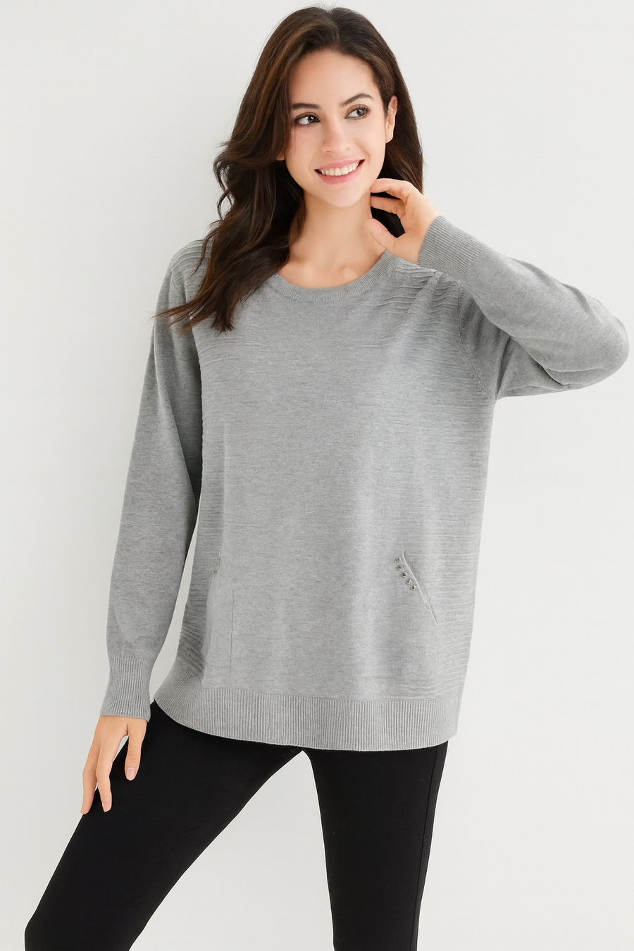 SOFT KNIT JUMPER WITH POCKETS, DECORATIVE BUTTONS AND EMBOSSED LINES DESIGN