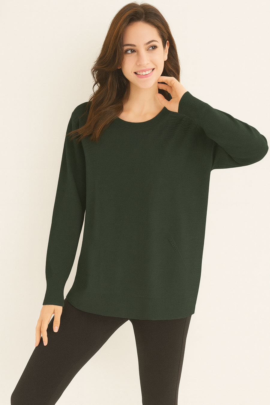 SOFT KNIT JUMPER WITH POCKETS, DECORATIVE BUTTONS AND EMBOSSED LINES DESIGN