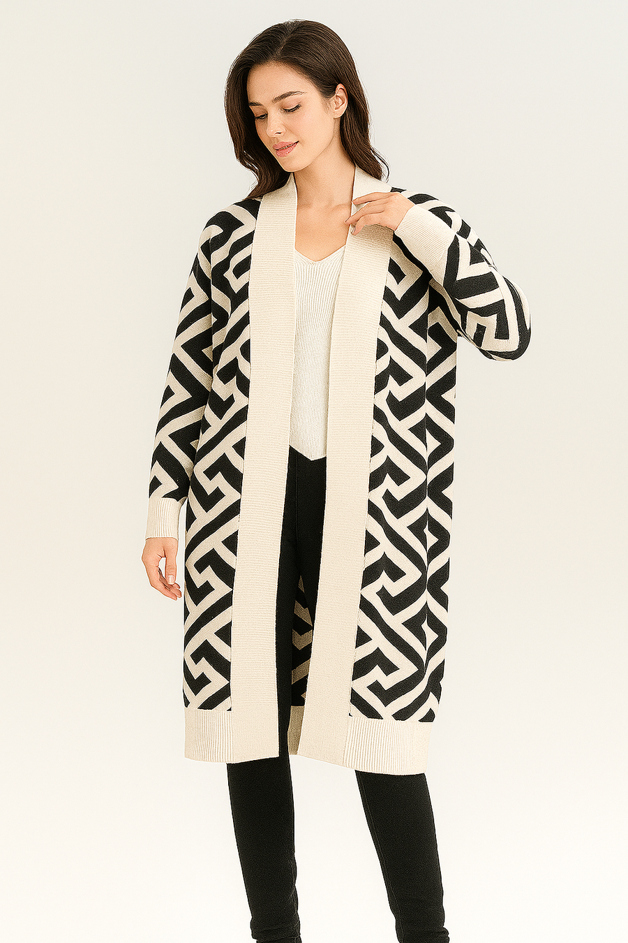 HEAVY KNIT GEOMETRIC PATTERN CARIDGAN
