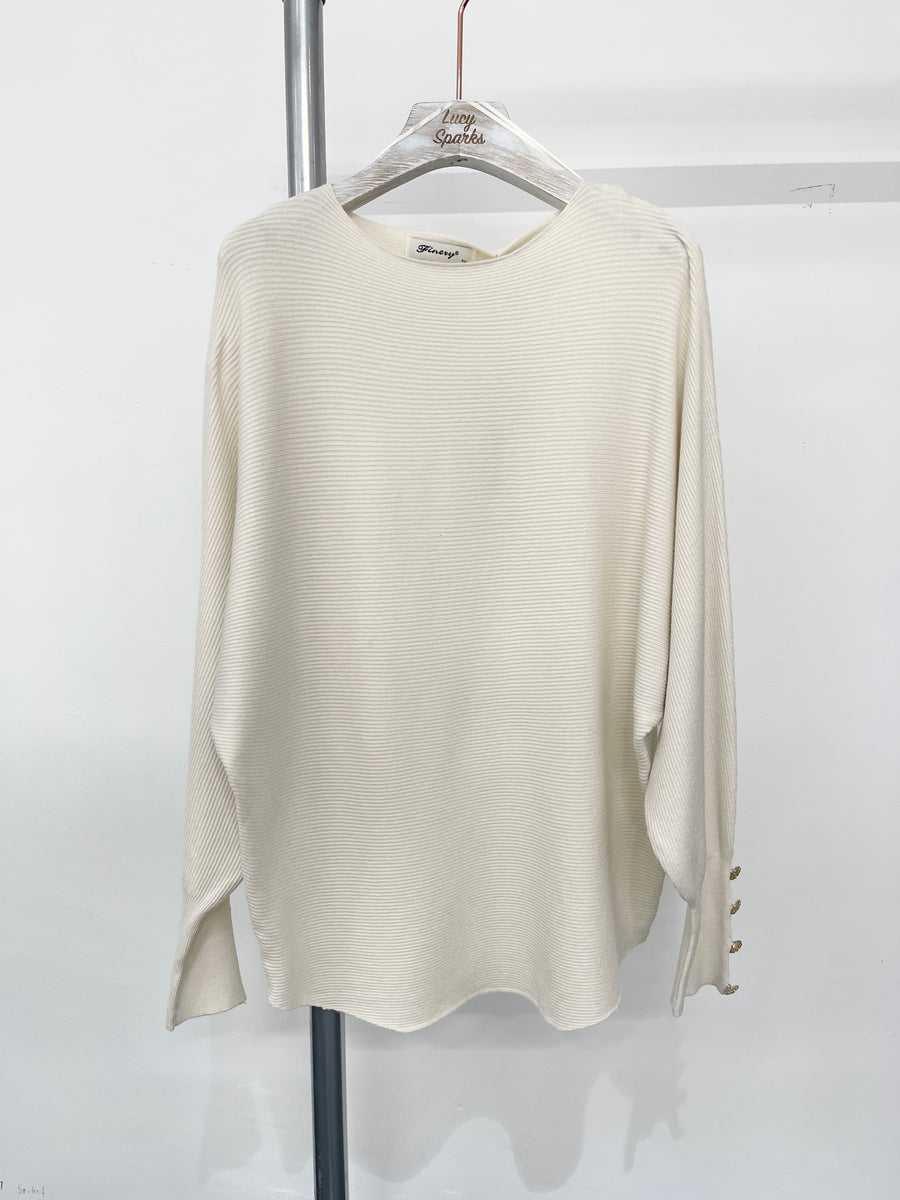 Ribbed Batwing Knit Top With Decorative Buttons On Sleeve Cuffs