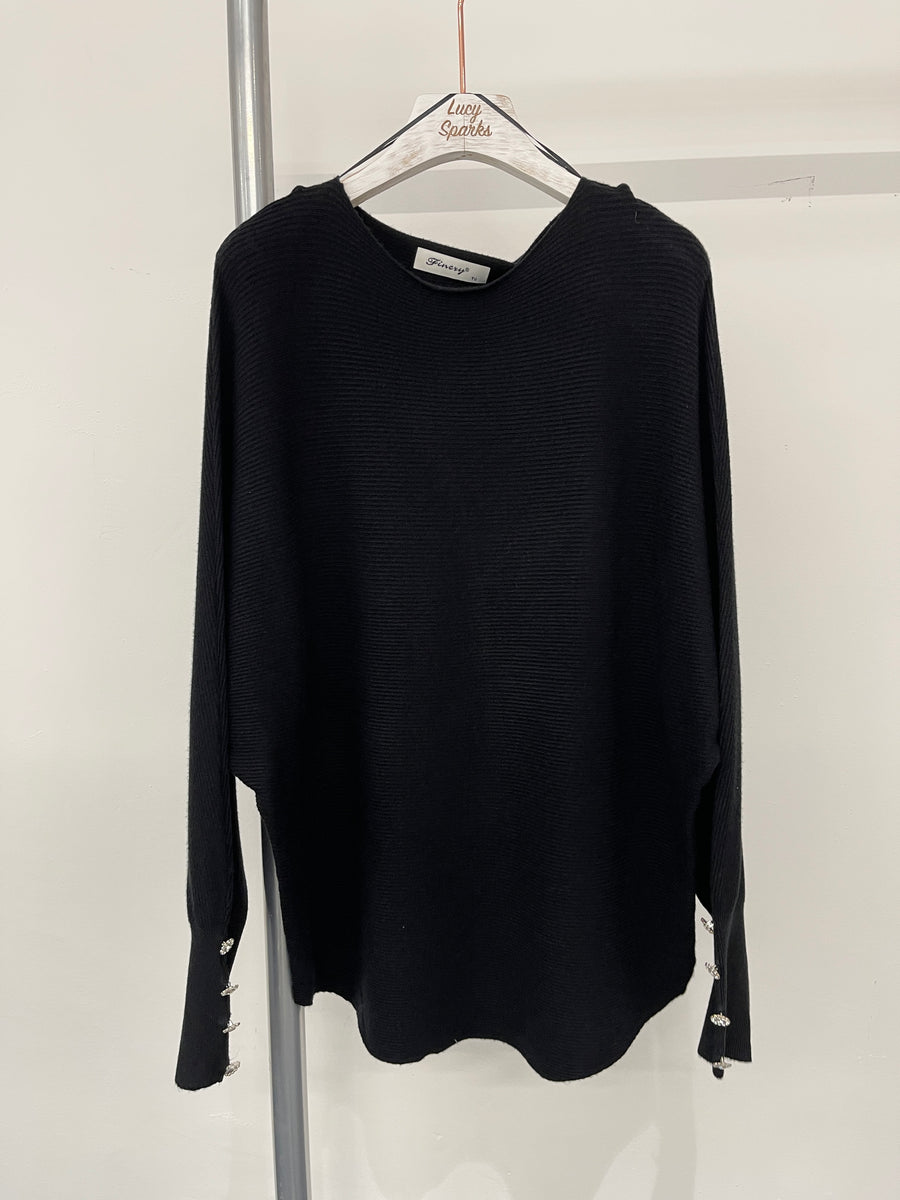 Ribbed Batwing Knit Top With Decorative Buttons On Sleeve Cuffs