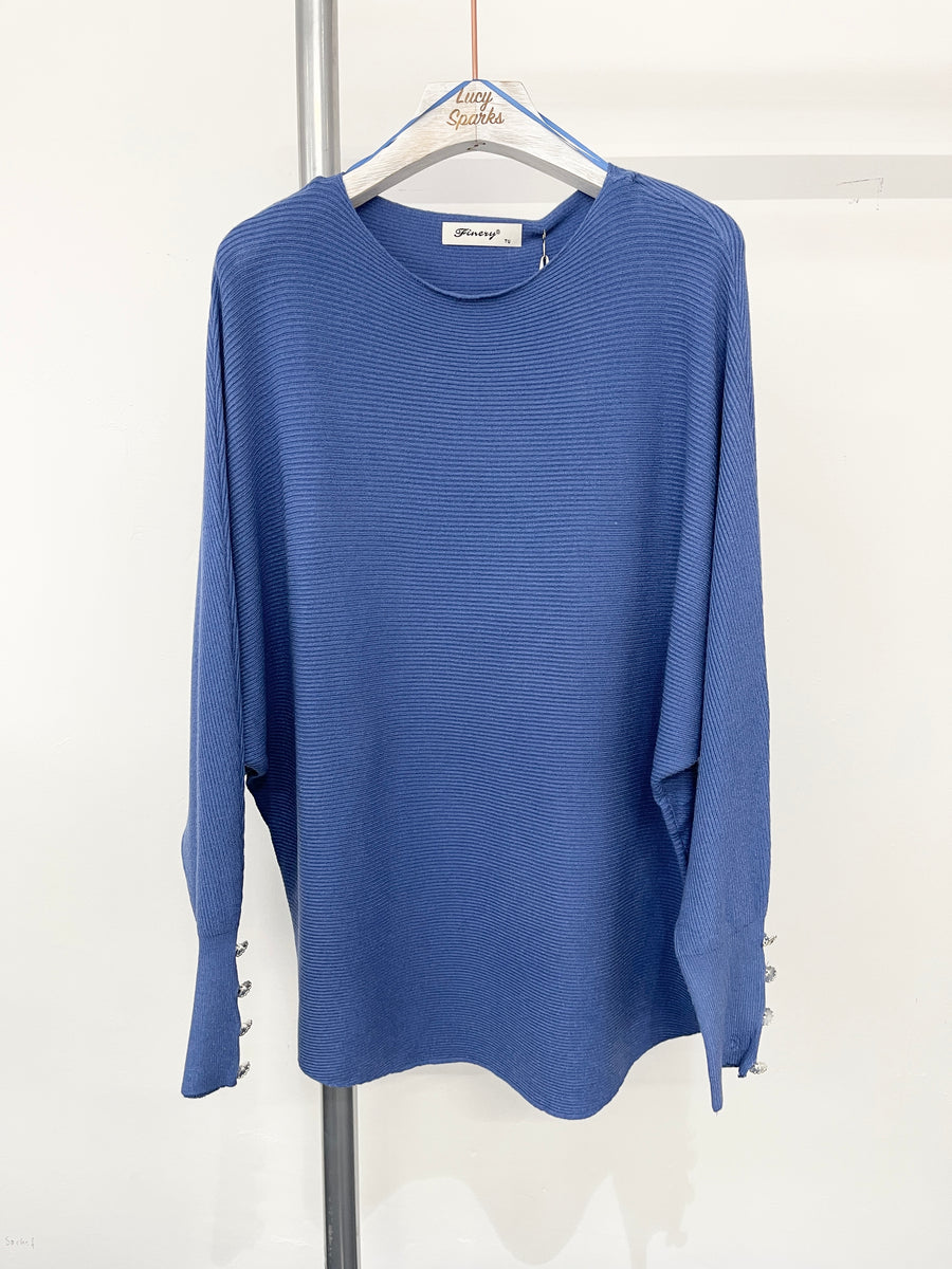 Ribbed Batwing Knit Top With Decorative Buttons On Sleeve Cuffs