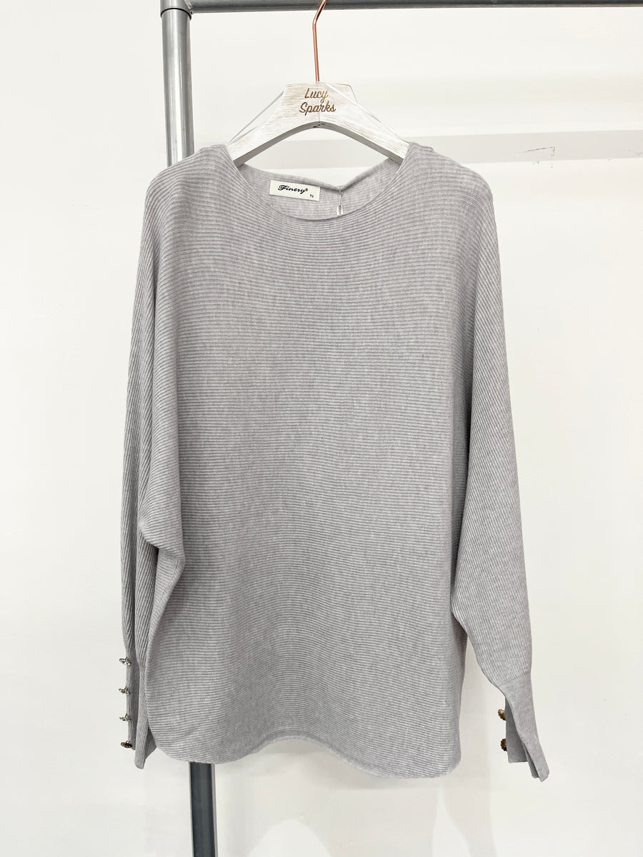 Ribbed Batwing Knit Top With Decorative Buttons On Sleeve Cuffs