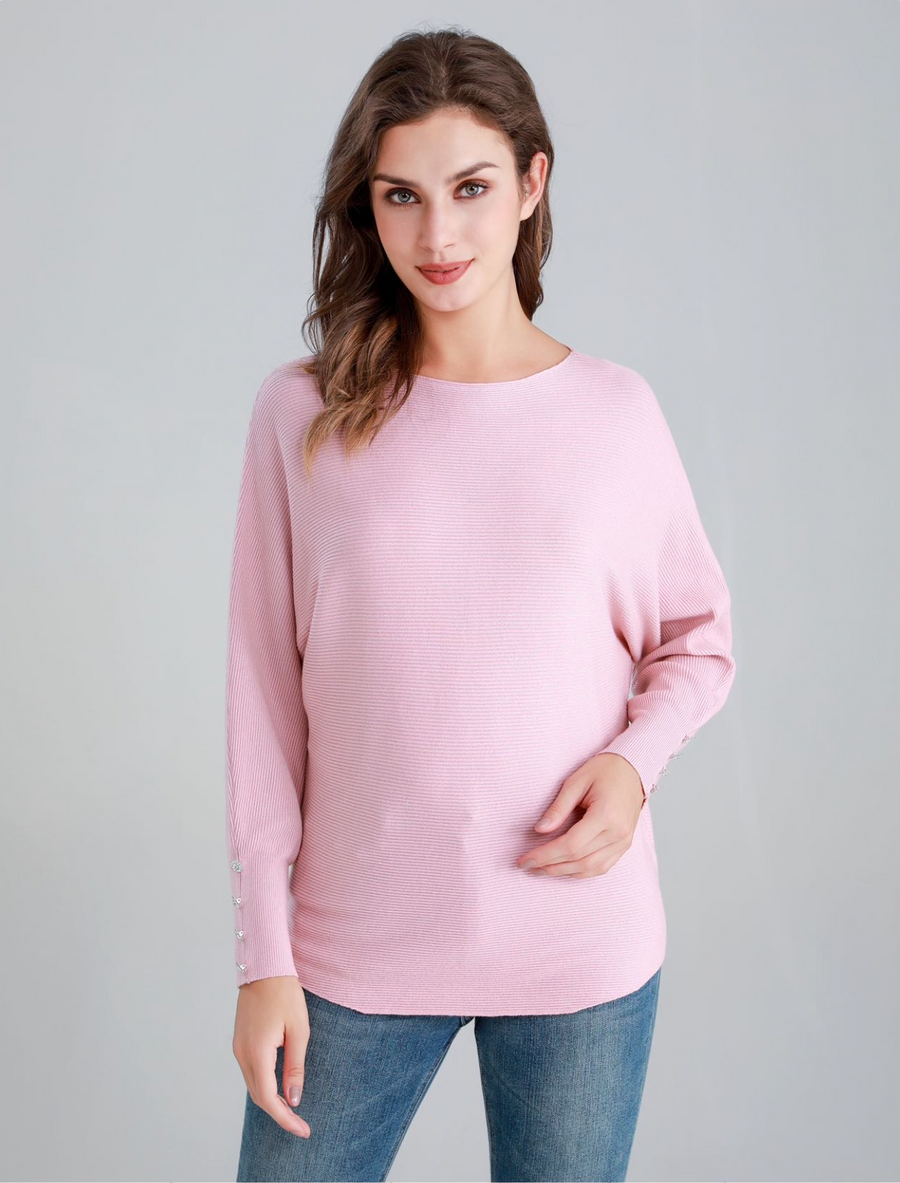 Ribbed Batwing Knit Top With Decorative Buttons On Sleeve Cuffs