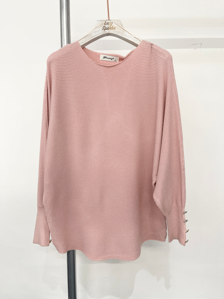 Ribbed Batwing Knit Top With Decorative Buttons On Sleeve Cuffs