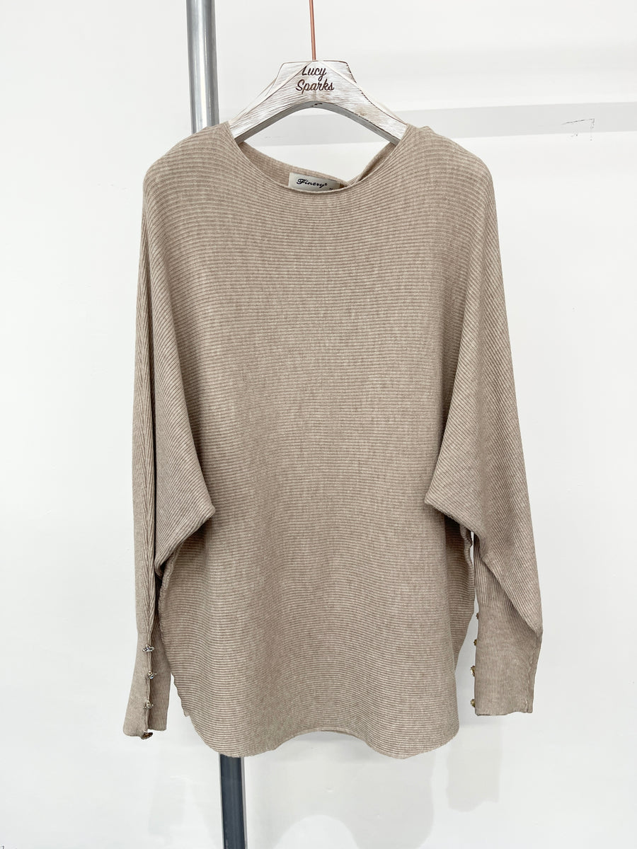 Ribbed Batwing Knit Top With Decorative Buttons On Sleeve Cuffs