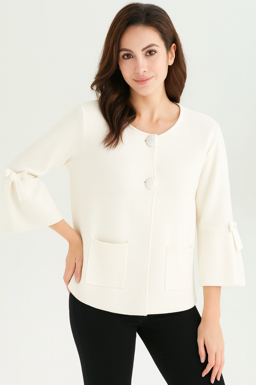 PREMIUM KNIT 2 BUTTON CARDIGAN WITH BOW BELL SLEEVES AND POCKETS