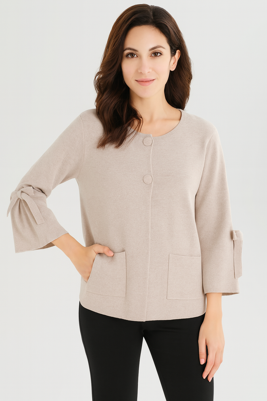 PREMIUM KNIT 2 BUTTON CARDIGAN WITH BOW BELL SLEEVES AND POCKETS