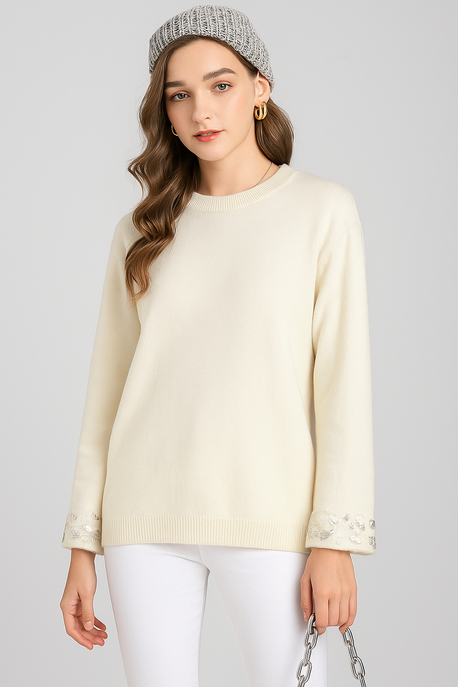 Soft Knit Jumper With Embellished Sleeve Hems