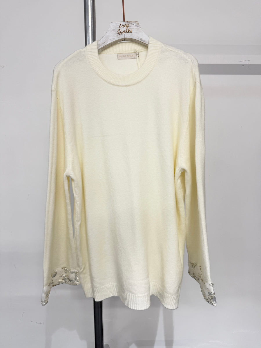 Soft Knit Jumper With Embellished Sleeve Hems