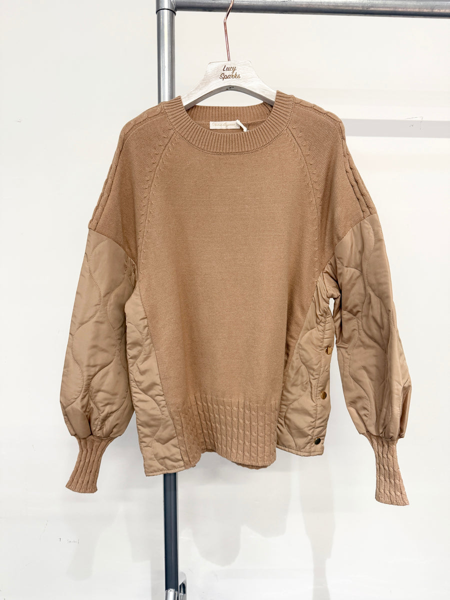 Soft Knit Jumper With Raglan Quilted Sleeves And Sides, Functional Side Push Buttons, And Cable Knit Hem