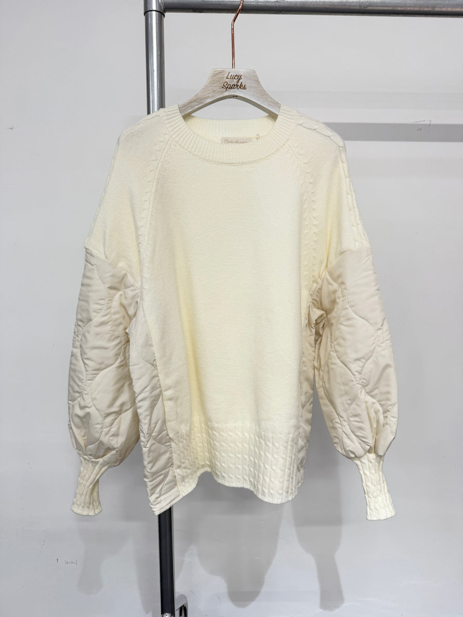 Soft Knit Jumper With Raglan Quilted Sleeves And Sides, Functional Side Push Buttons, And Cable Knit Hem