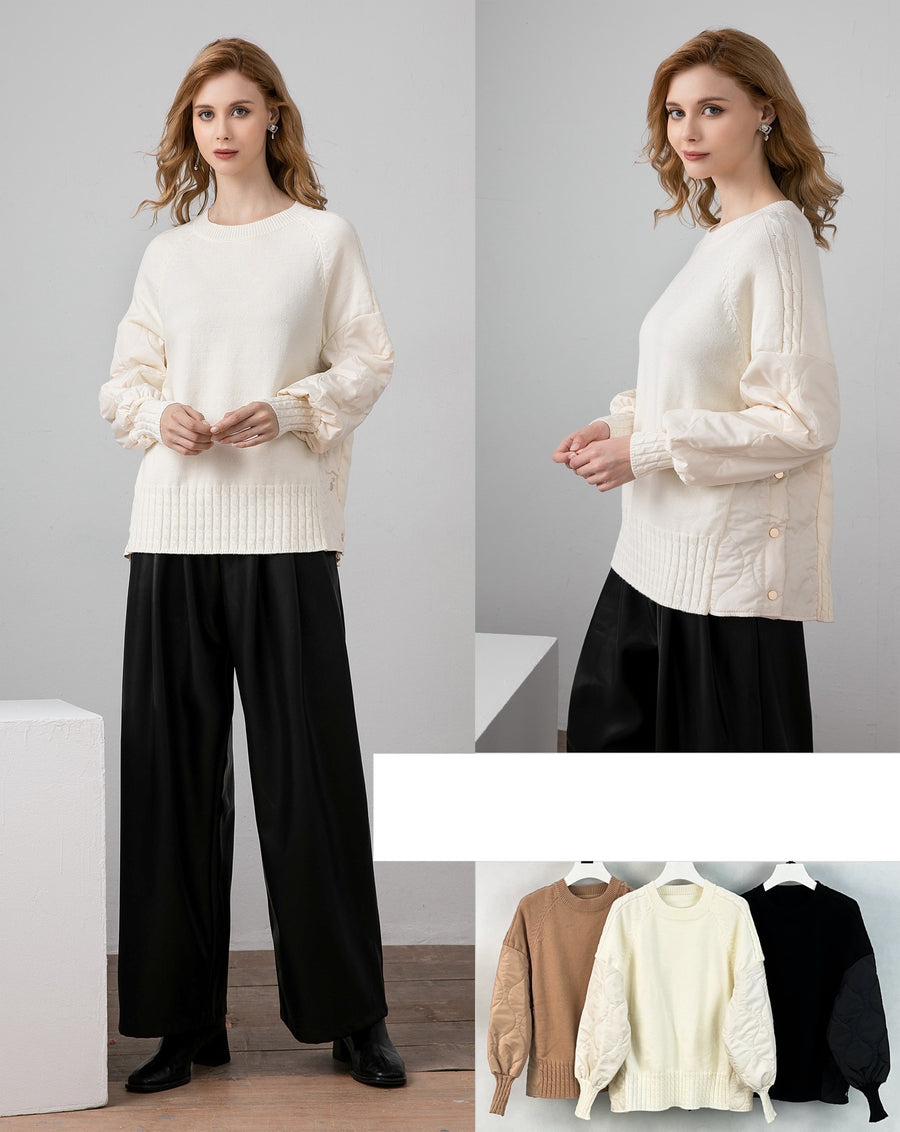 Soft Knit Jumper With Raglan Quilted Sleeves And Sides, Functional Side Push Buttons, And Cable Knit Hem