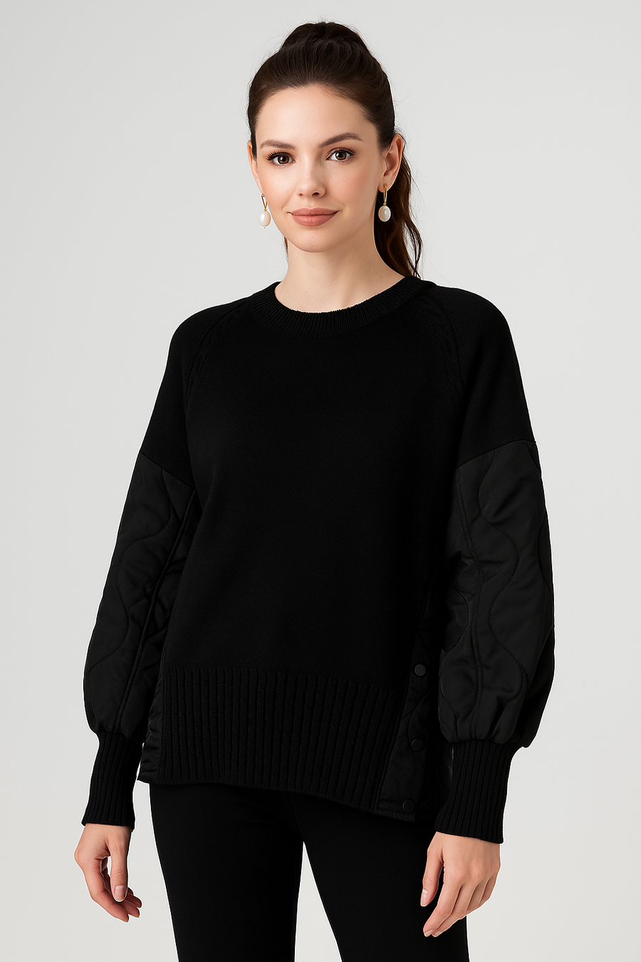 Soft Knit Jumper With Raglan Quilted Sleeves And Sides, Functional Side Push Buttons, And Cable Knit Hem
