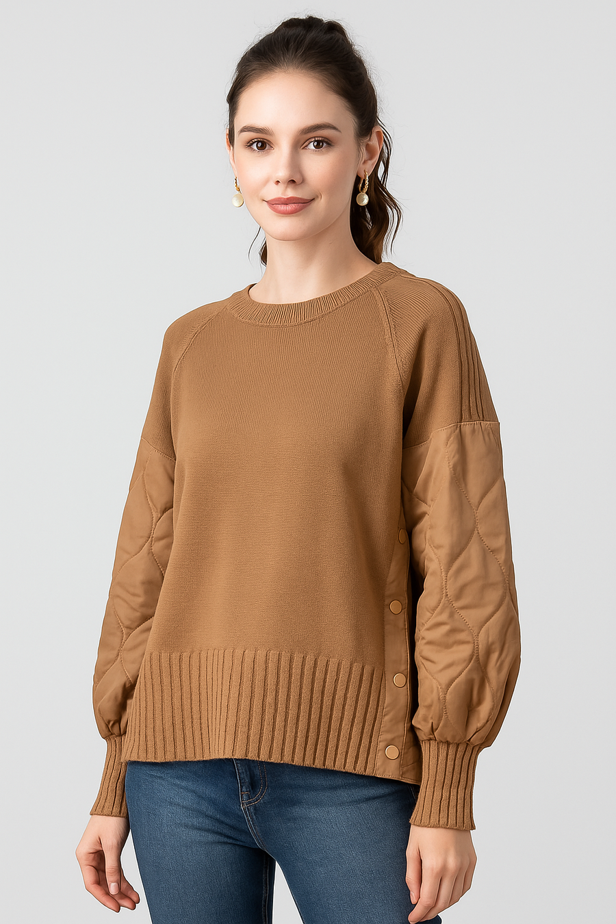 Soft Knit Jumper With Raglan Quilted Sleeves And Sides, Functional Side Push Buttons, And Cable Knit Hem