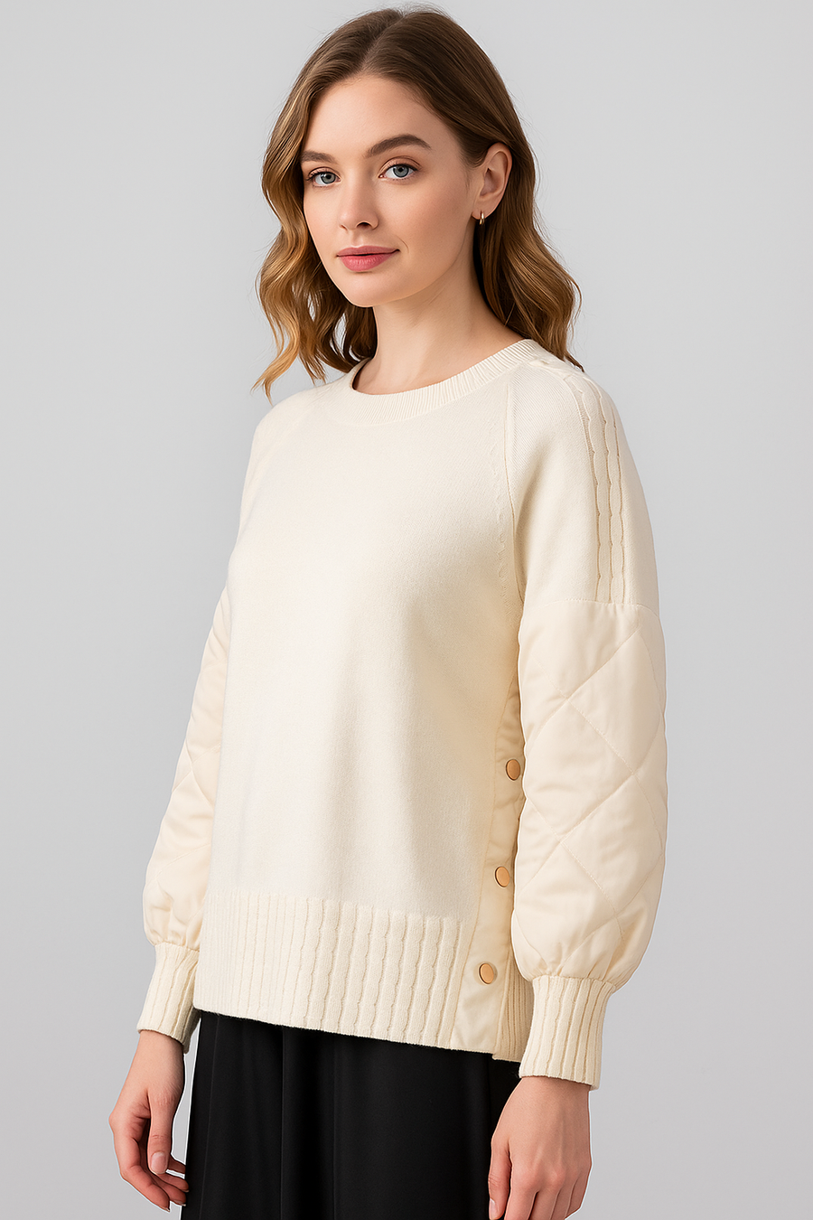 Soft Knit Jumper With Raglan Quilted Sleeves And Sides, Functional Side Push Buttons, And Cable Knit Hem