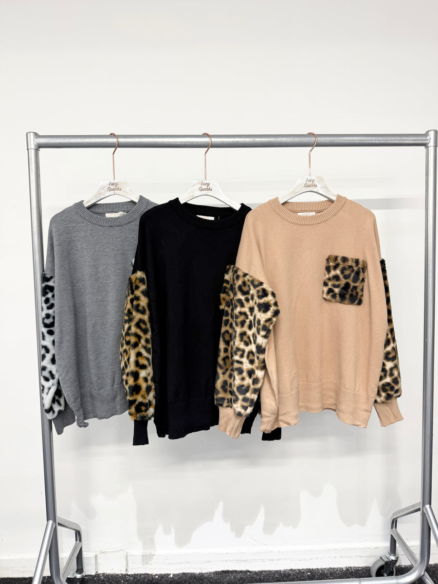 Soft Knit Jumper With Soft Fluffy Leopard Print Pockets And Sleeves