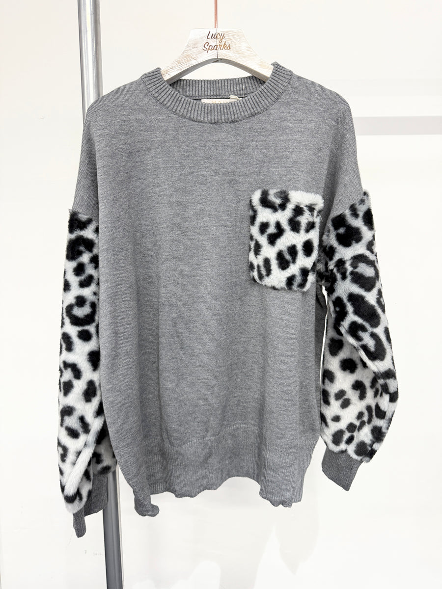 Soft Knit Jumper With Soft Fluffy Leopard Print Pockets And Sleeves