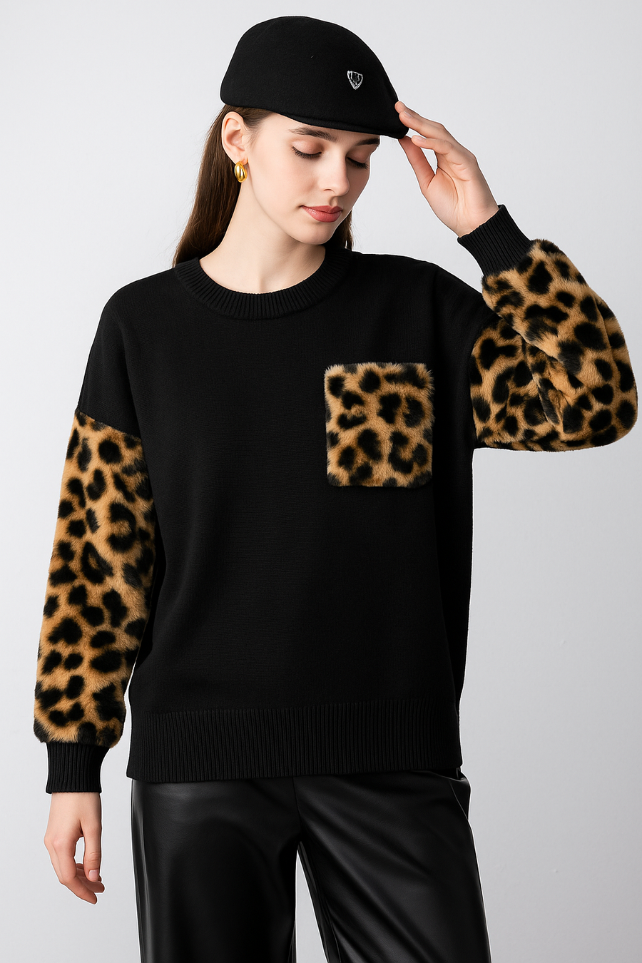 Soft Knit Jumper With Soft Fluffy Leopard Print Pockets And Sleeves