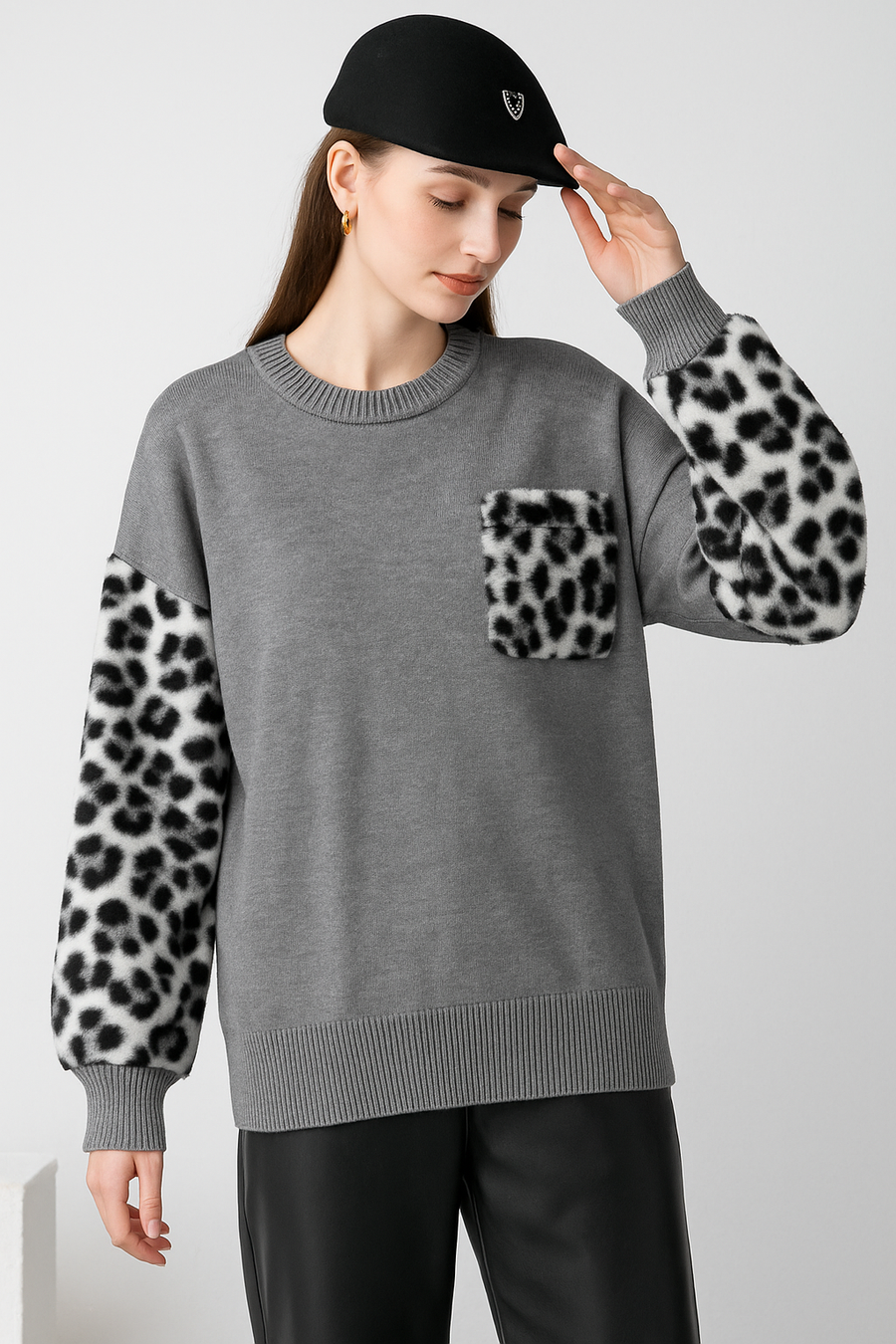 Soft Knit Jumper With Soft Fluffy Leopard Print Pockets And Sleeves