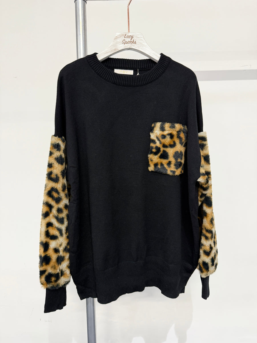 Soft Knit Jumper With Soft Fluffy Leopard Print Pockets And Sleeves