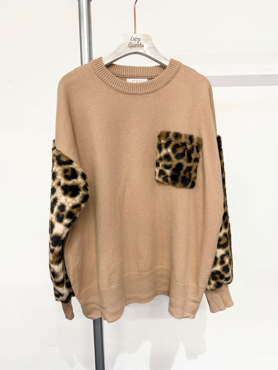 Soft Knit Jumper With Soft Fluffy Leopard Print Pockets And Sleeves