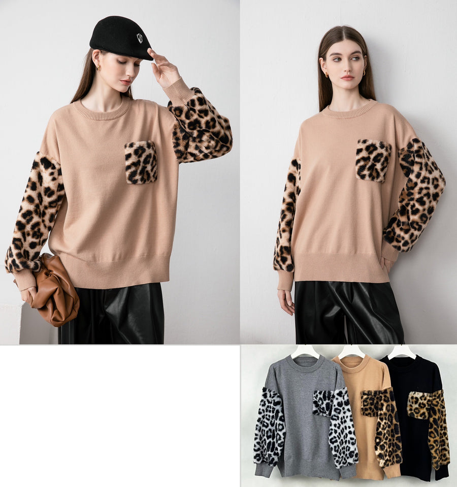 Soft Knit Jumper With Soft Fluffy Leopard Print Pockets And Sleeves