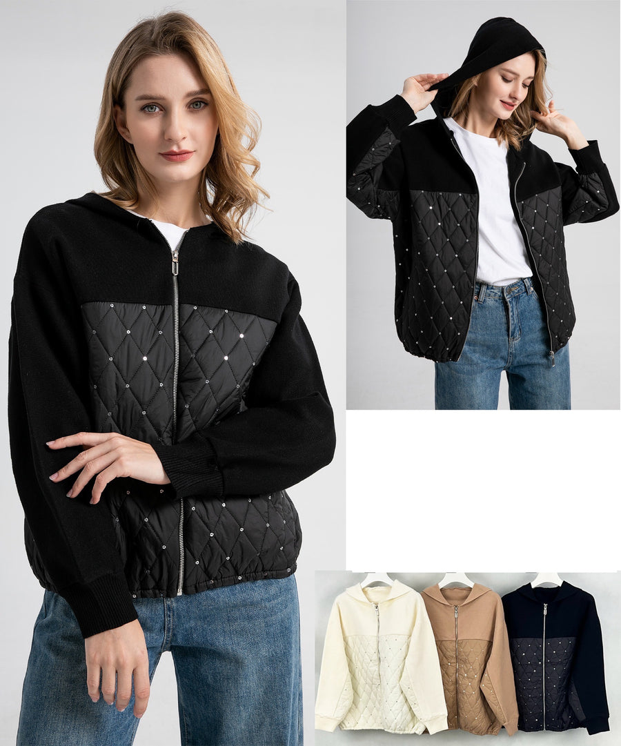 Hooded Heavy Knit Jacket With Sparkly Quilted Sequin Panel And Zip Fastening