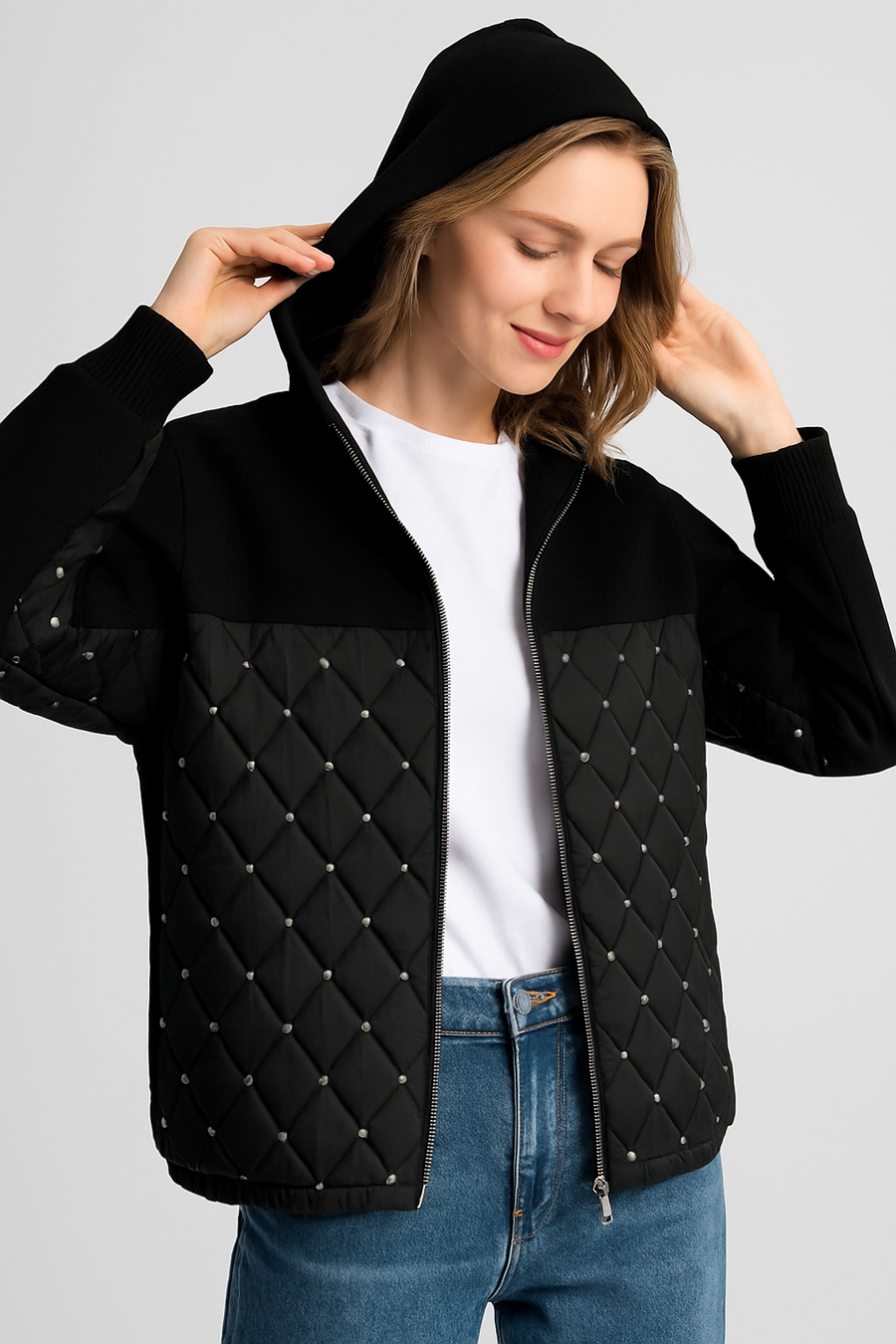 Hooded Heavy Knit Jacket With Sparkly Quilted Sequin Panel And Zip Fastening