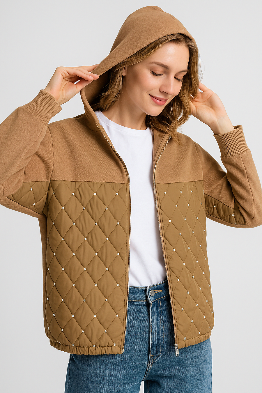 Hooded Heavy Knit Jacket With Sparkly Quilted Sequin Panel And Zip Fastening